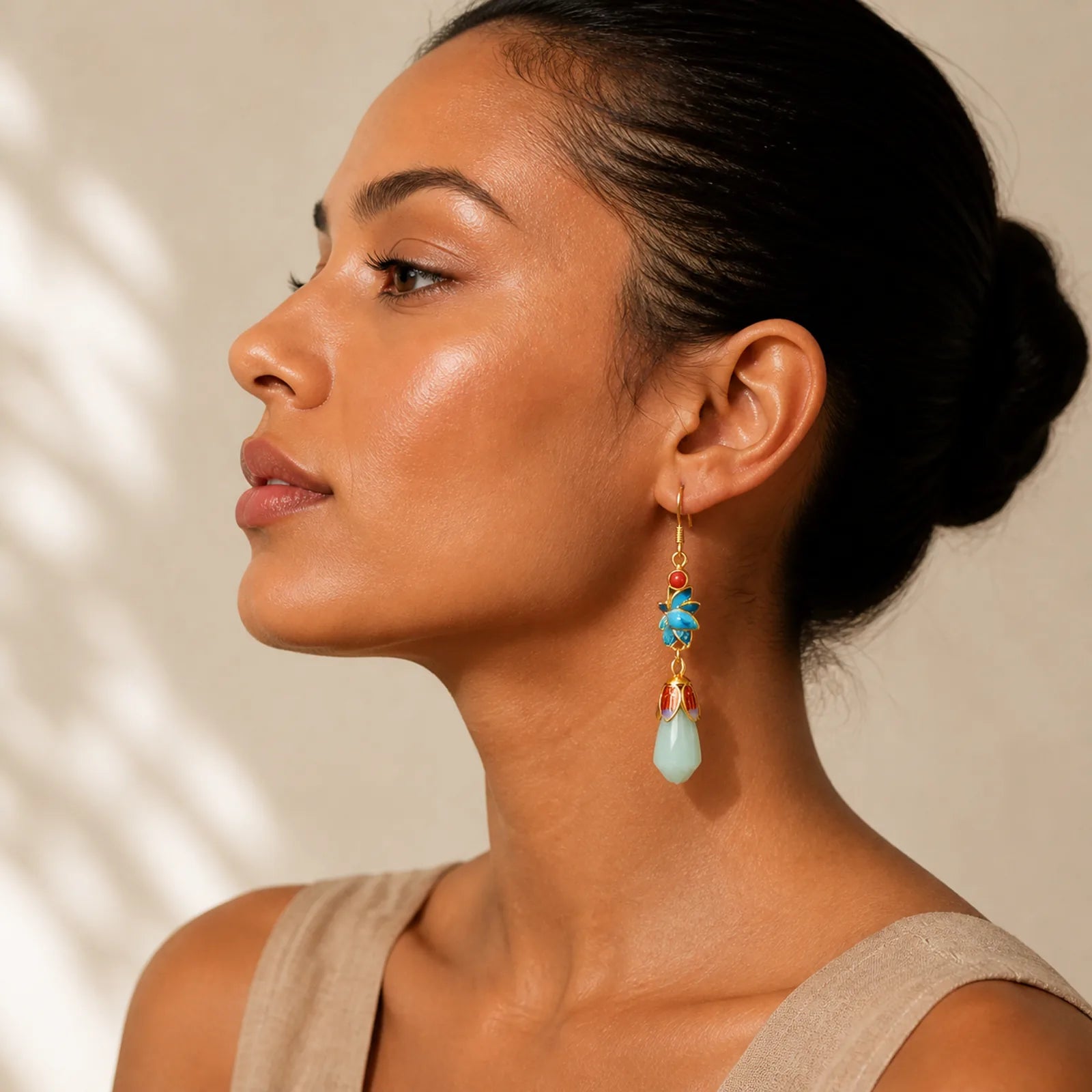 Magnolia Flower Jade Pattern Luck Prosperity Drop Dangle Earrings featuring Jade, Copper