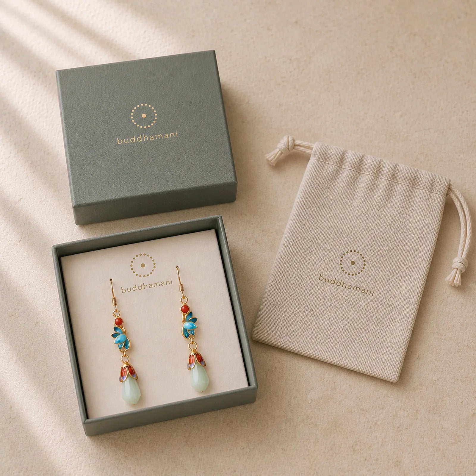 Magnolia Flower Jade Pattern Luck Prosperity Drop Dangle Earrings featuring Jade, Copper