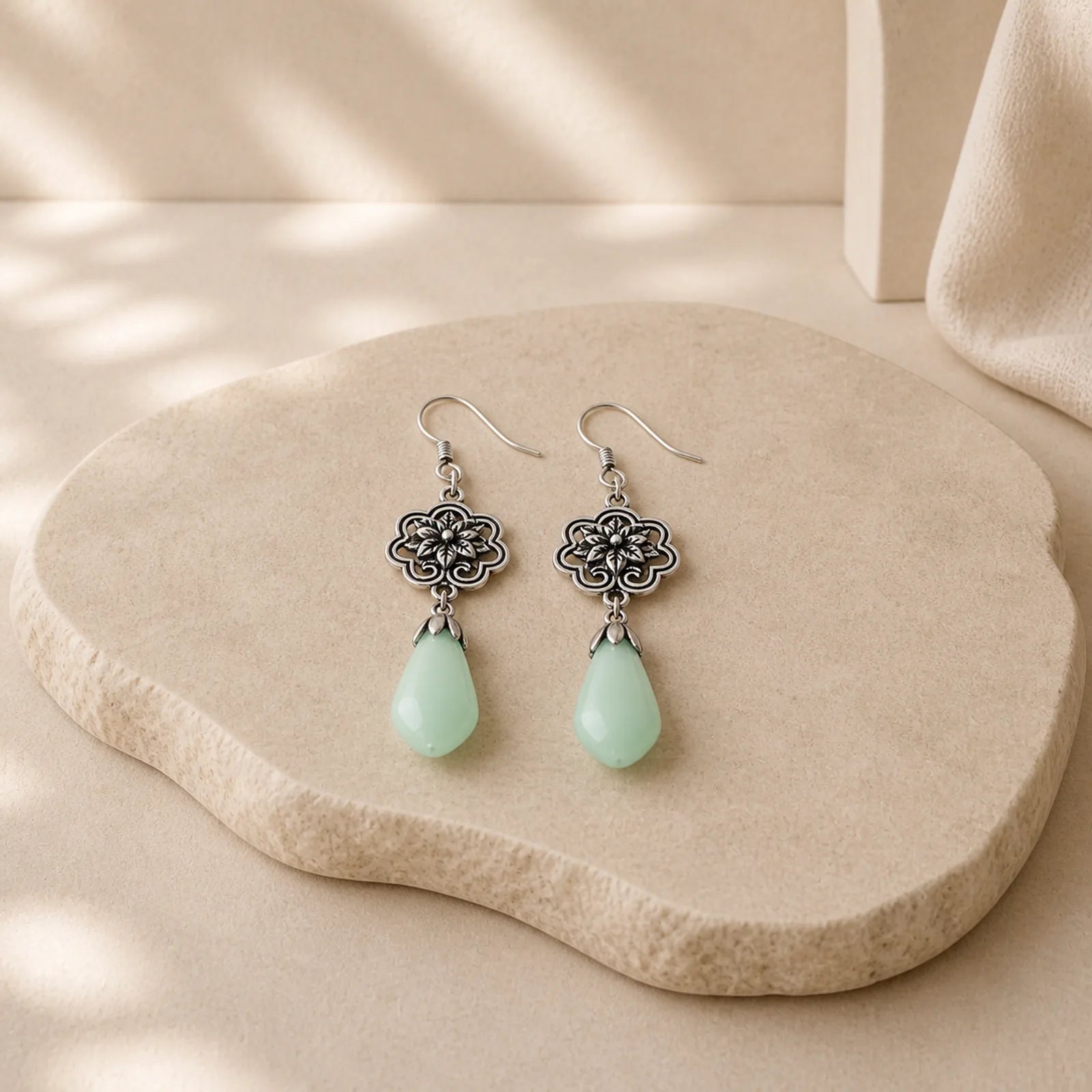 Magnolia Flower Jade Water Drop Prosperity Dangle Earrings featuring Jade, Copper