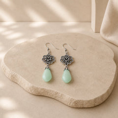 Magnolia Flower Jade Water Drop Prosperity Dangle Earrings featuring Jade, Copper