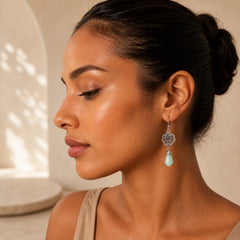 Magnolia Flower Jade Water Drop Prosperity Dangle Earrings featuring Jade, Copper
