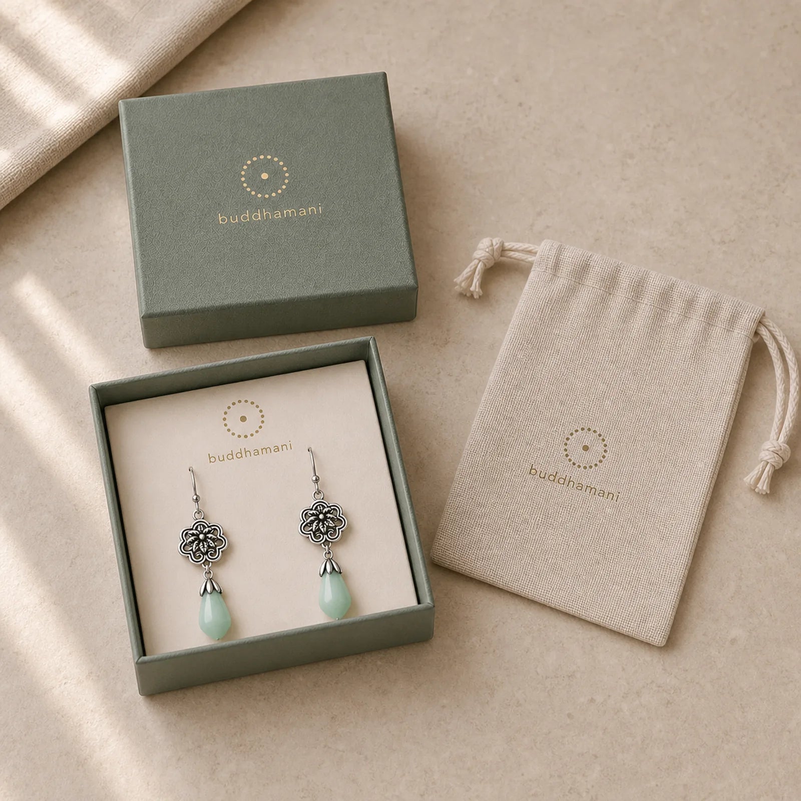 Magnolia Flower Jade Water Drop Prosperity Dangle Earrings featuring Jade, Copper