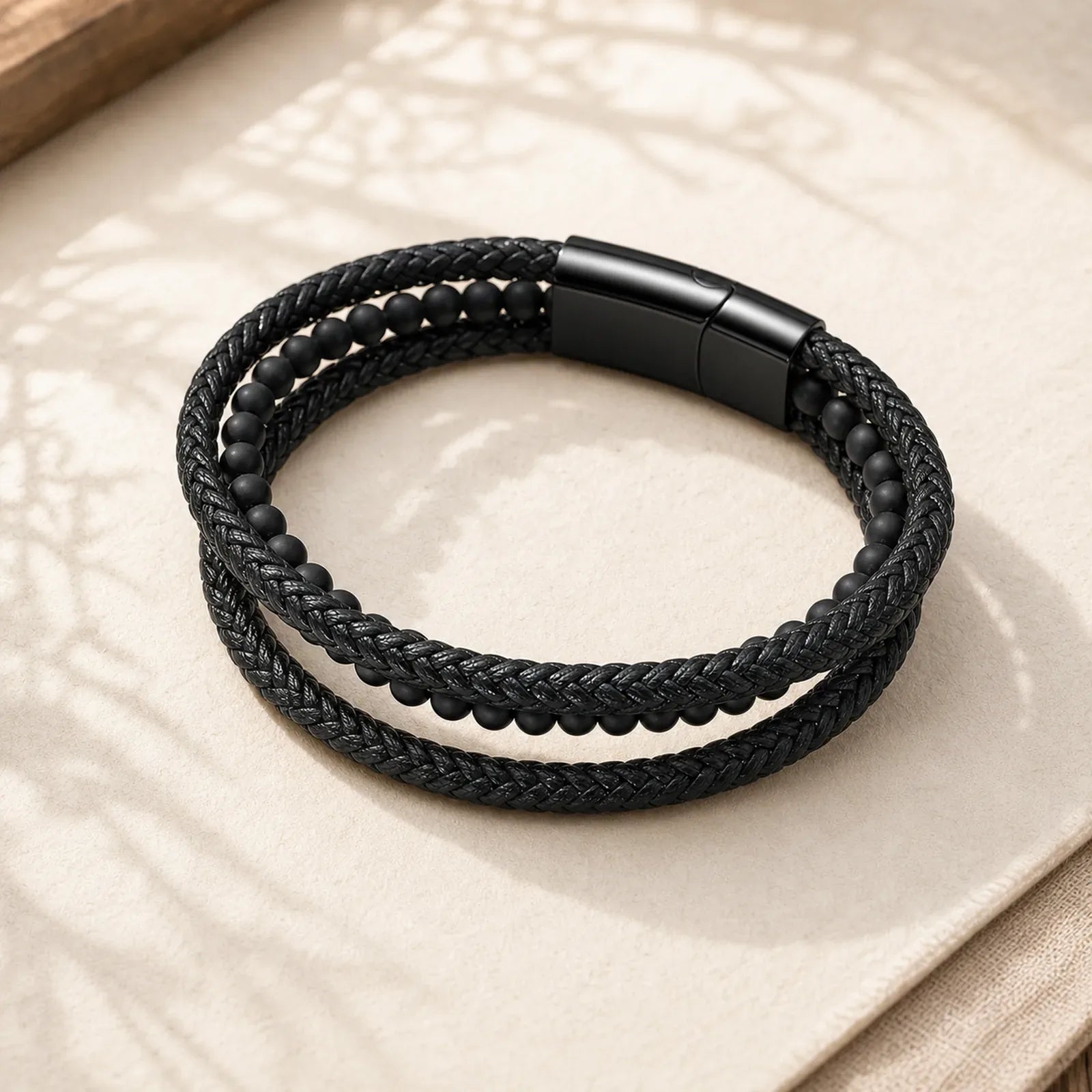Matte Frosting Black Onyx Leather Fortune Multilayered Braided Bracelet featuring Black Onyx, Titanium Steel