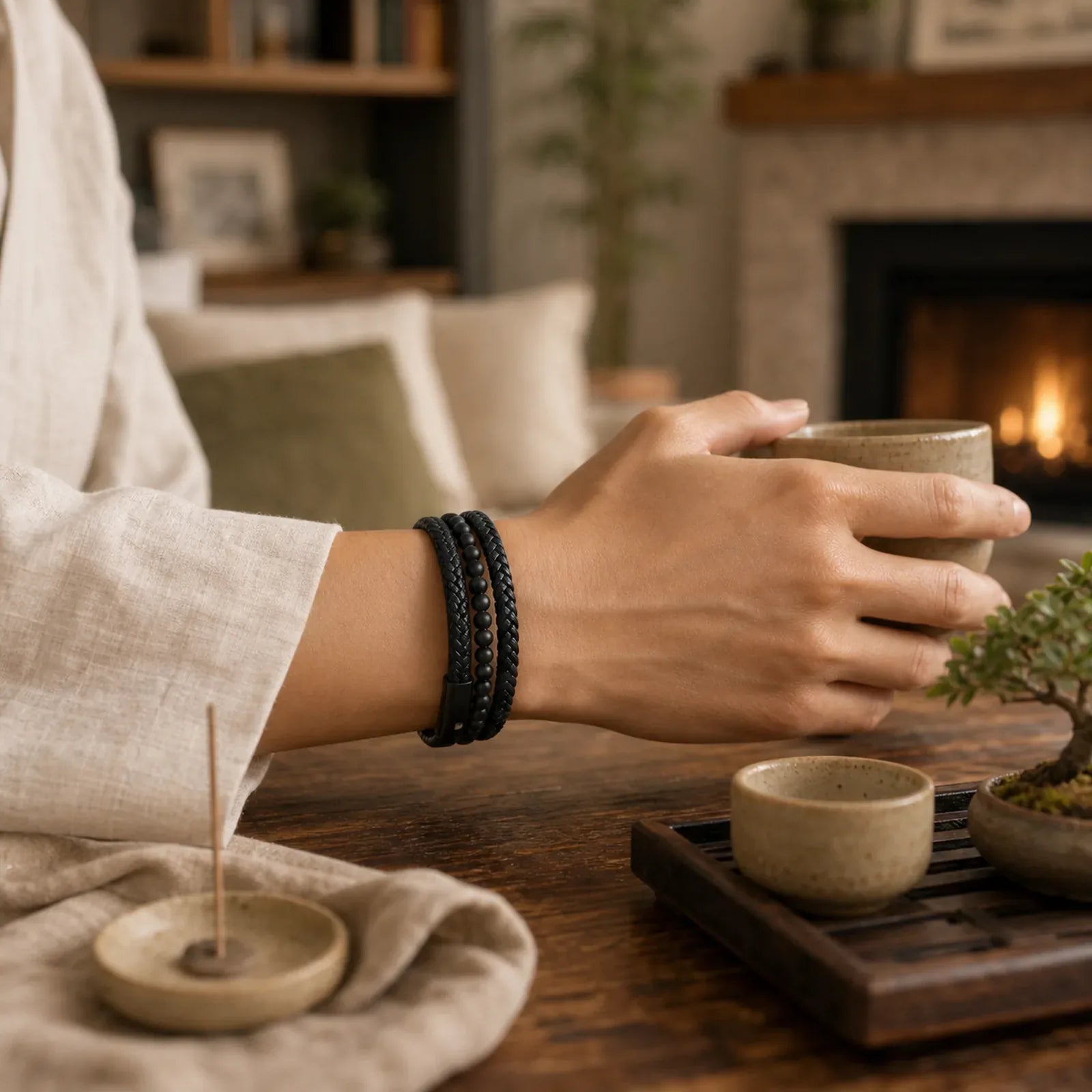 Matte Frosting Black Onyx Leather Fortune Multilayered Braided Bracelet featuring Black Onyx, Titanium Steel