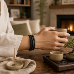 Matte Frosting Black Onyx Leather Fortune Multilayered Braided Bracelet featuring Black Onyx, Titanium Steel