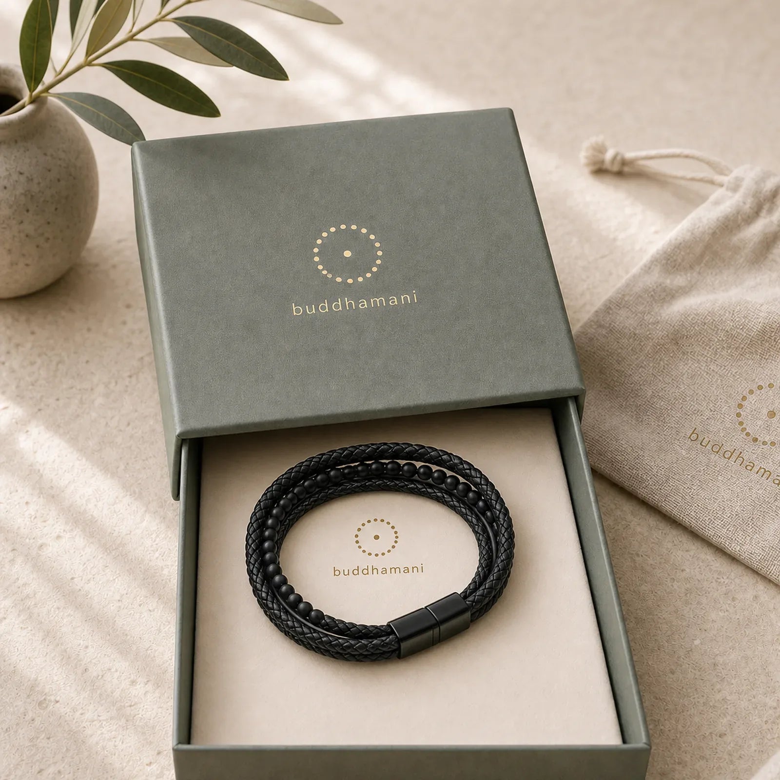 Matte Frosting Black Onyx Leather Fortune Multilayered Braided Bracelet featuring Black Onyx, Titanium Steel