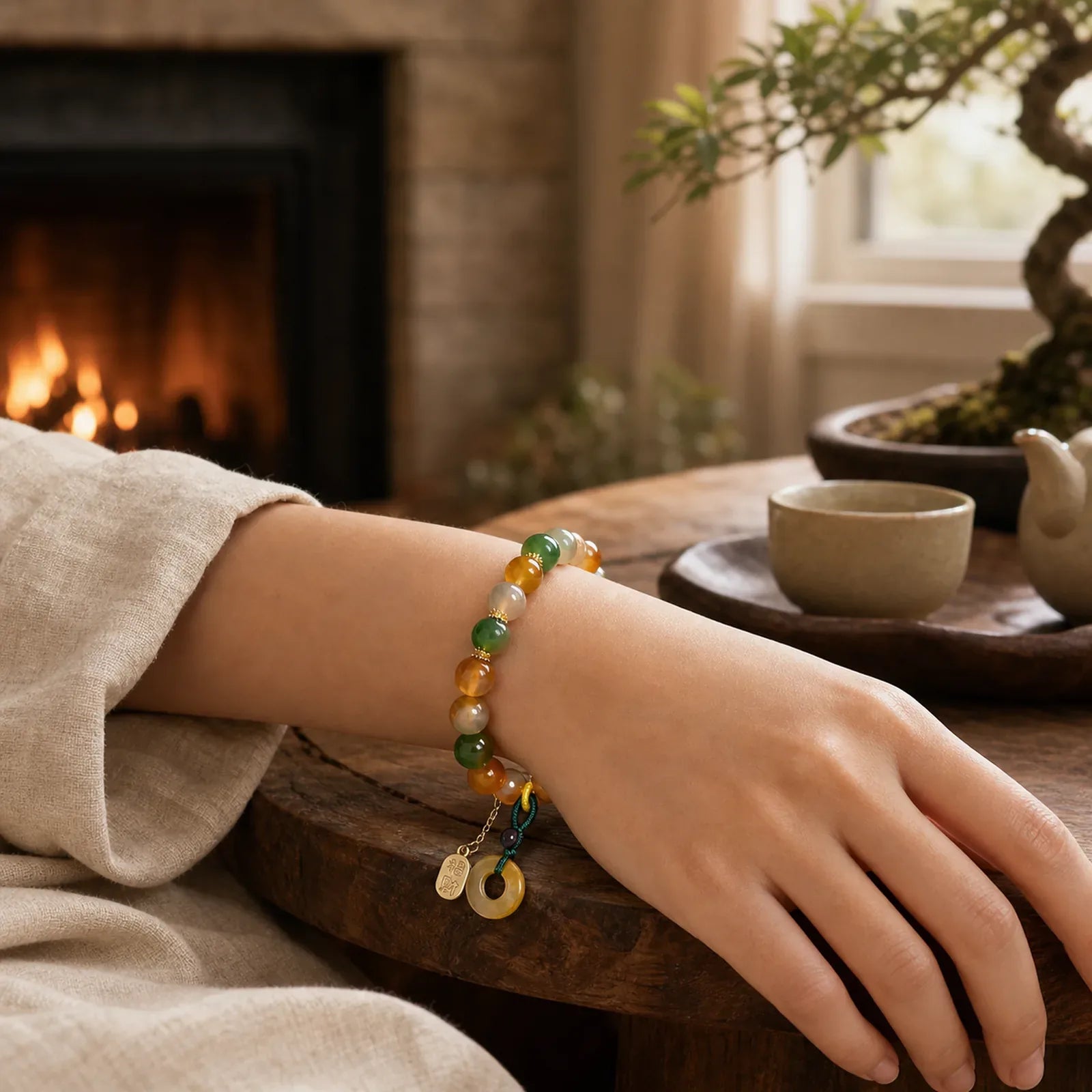 "May Balance and Safety Be With You"Peacock Agate Bracelet Includes Gift Message Card featuring Peacock Agate, Peacock, Topaz