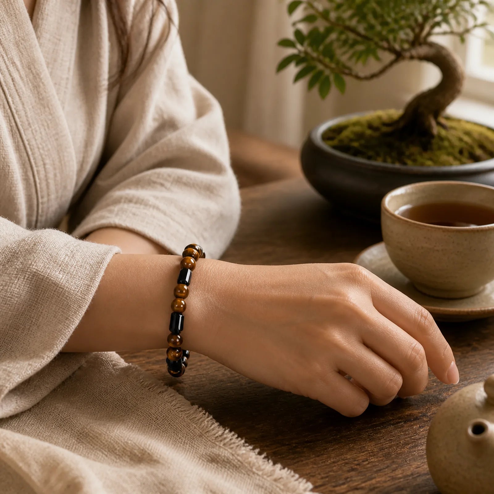 "May Confidence Guide Your Way" Black Tourmaline Bracelet Includes Gift Message Card featuring Tourmaline, Tiger Eye