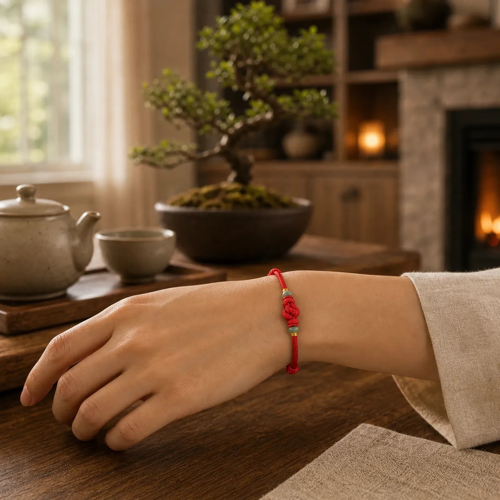 "May Harmony and Good Fortune Be With You" Bracelet Includes Gift Message Card featuring Red String, Green Jade, Jade