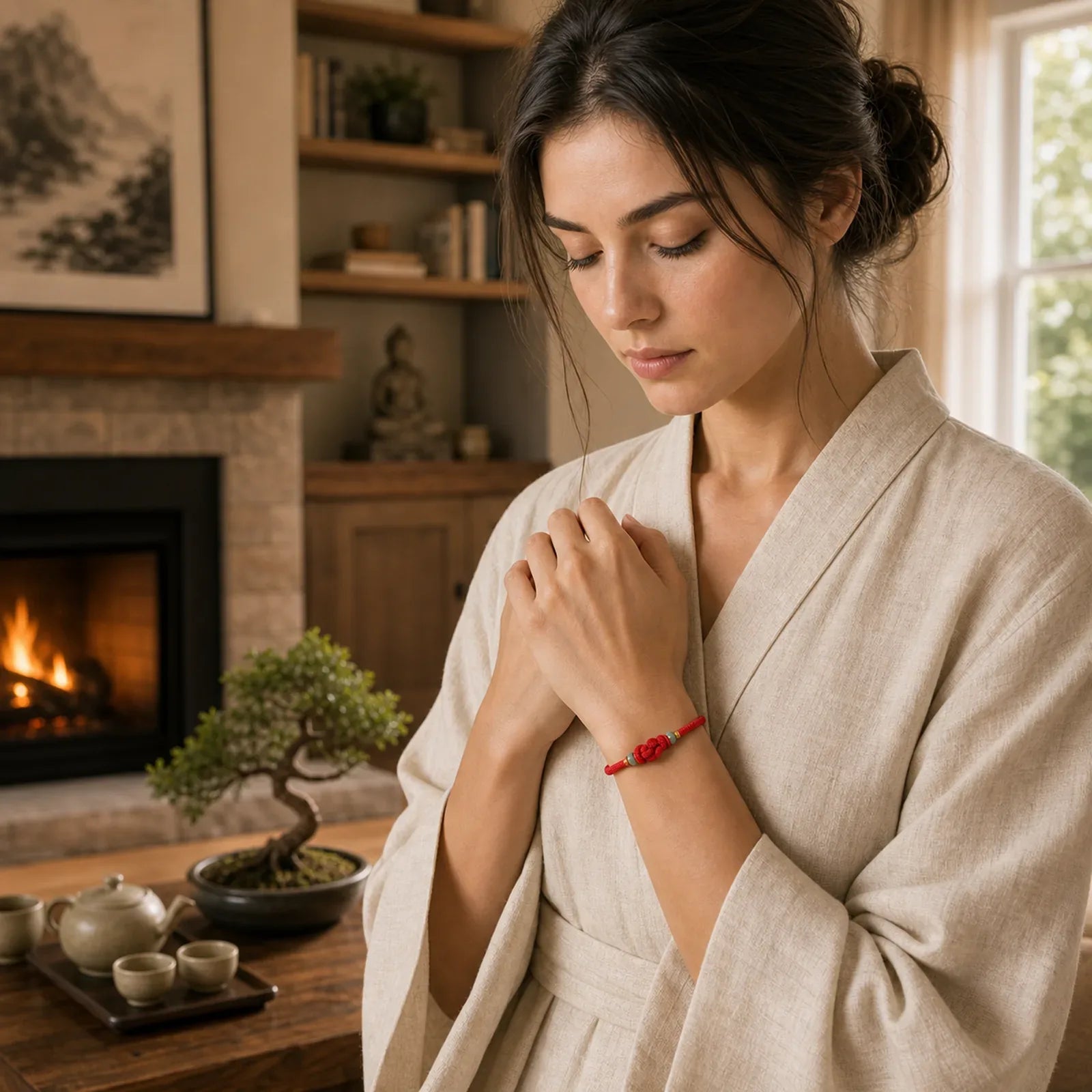 "May Harmony and Good Fortune Be With You" Bracelet Includes Gift Message Card featuring Red String, Green Jade, Jade