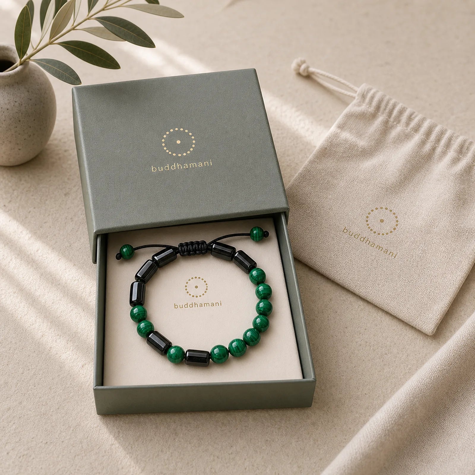 "May Peace and Power Walk Beside You" Malachite Bracelet Includes Gift Message Card featuring Malachite, Tourmaline