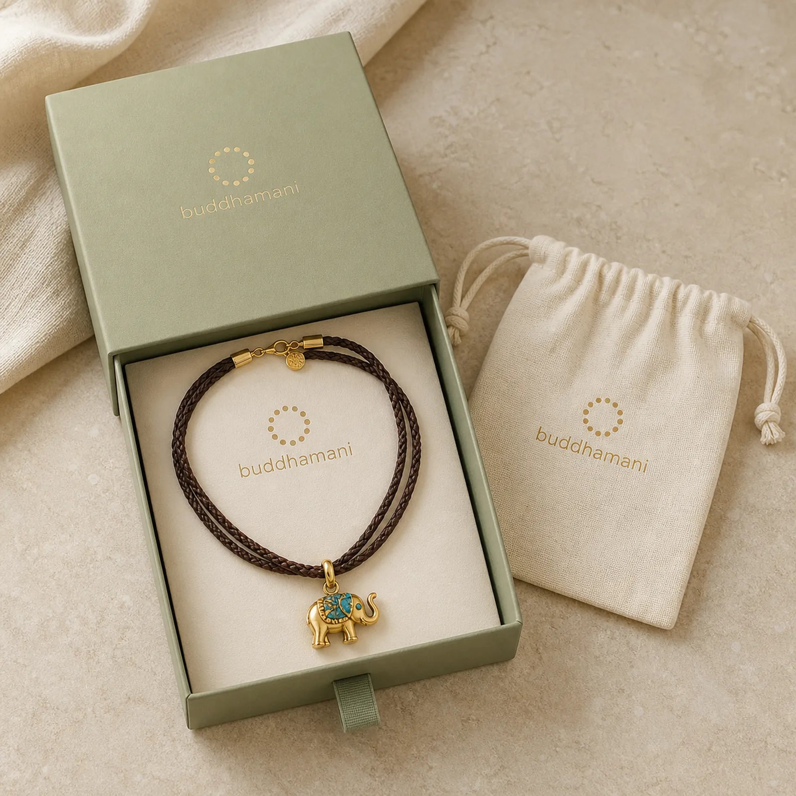 "May Strength Be With You" 24k Gold Plated Brass Elephant Necklace Includes Gift Message Card featuring Elephant Symbol