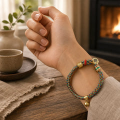 "May Wealth and Wisdom Follow You" String Bracelet Includes Gift Message Card featuring Om, Om Mani Padme Hum, Six True Words (Om Mani Padme Hum)