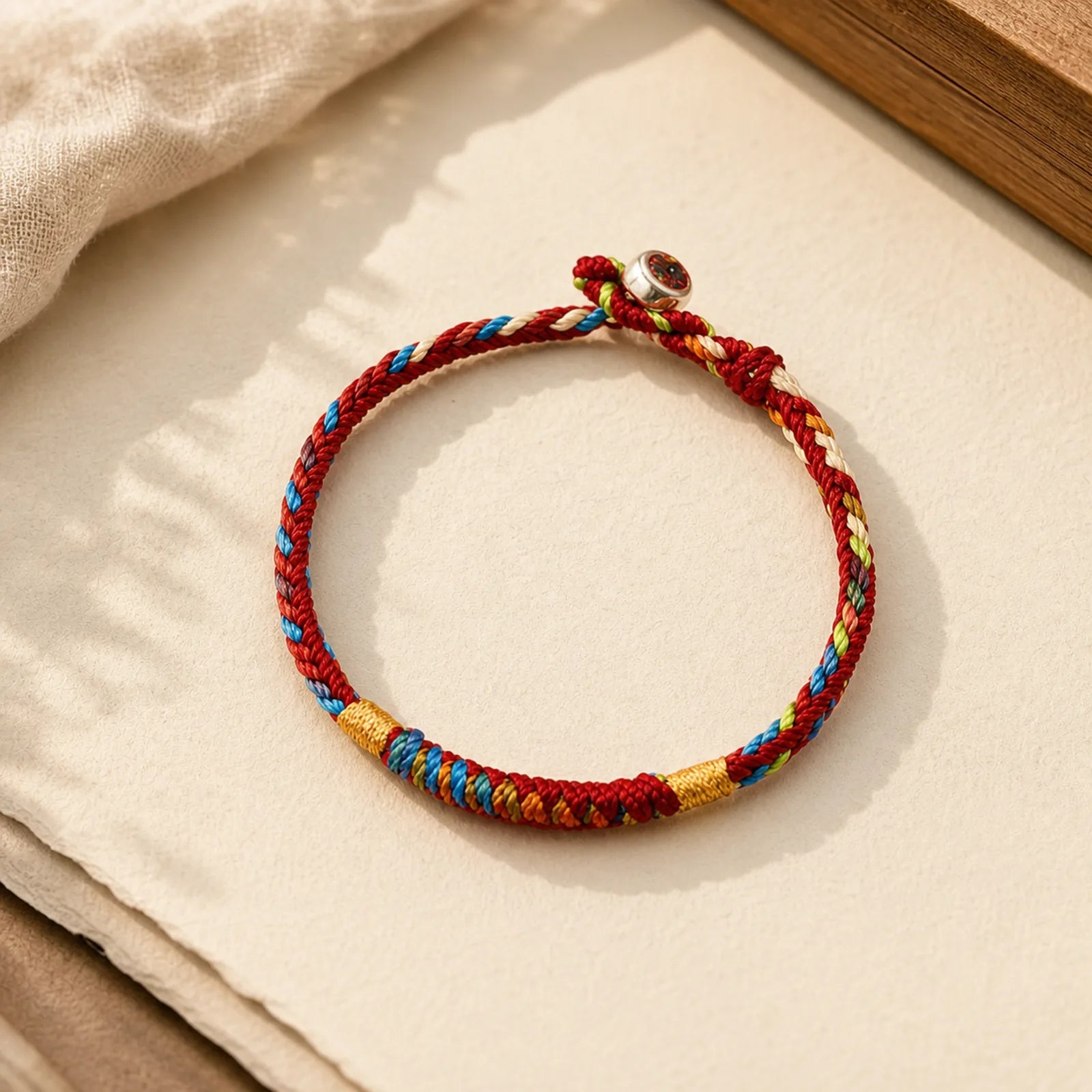 "May You Be Safe And Lucky In The Year Ahead" Multicolored Bracelet featuring Healthy, Perfect and Wishful Thinking Red String, Red String, Silver