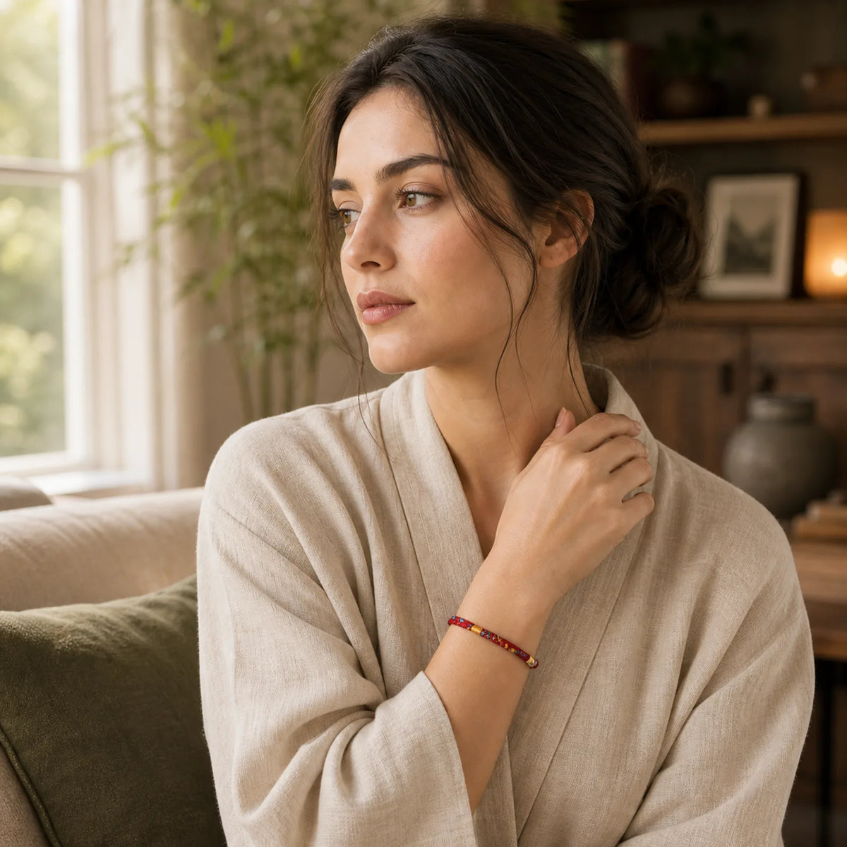 "May You Be Safe And Lucky In The Year Ahead" Multicolored Bracelet featuring Healthy, Perfect and Wishful Thinking Red String, Red String, Silver