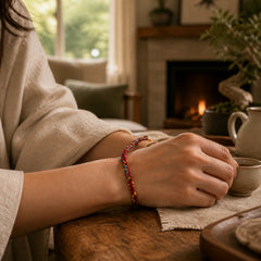 "May You Be Safe And Lucky In The Year Ahead" Multicolored Bracelet featuring Healthy, Perfect and Wishful Thinking Red String, Red String, Silver