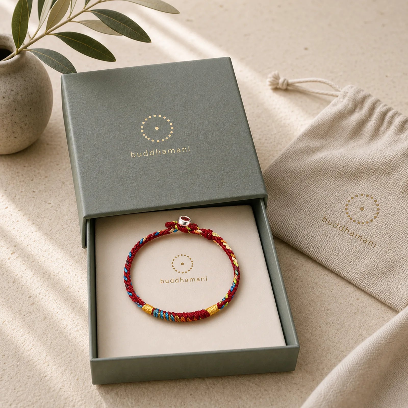 "May You Be Safe And Lucky In The Year Ahead" Multicolored Bracelet featuring Healthy, Perfect and Wishful Thinking Red String, Red String, Silver