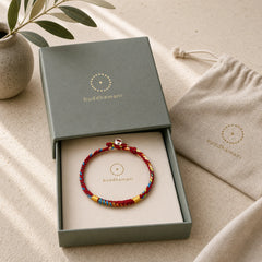 "May You Be Safe And Lucky In The Year Ahead" Multicolored Bracelet featuring Healthy, Perfect and Wishful Thinking Red String, Red String, Silver
