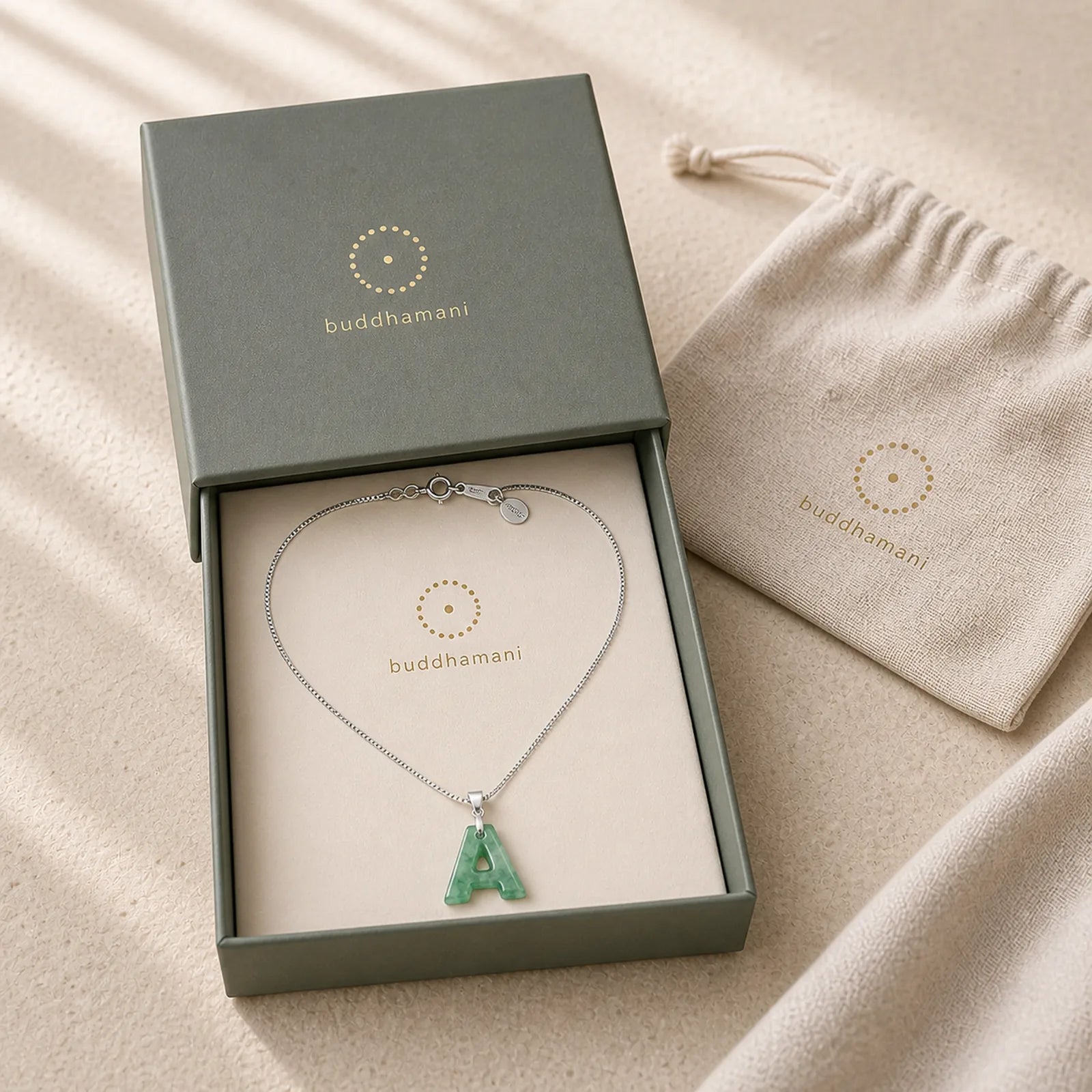 "May You Find Your Own Meaning" Natural A-Z Letter Jade 925 Sterling Silver Chain Necklace Includes Gift Message Card featuring Jade, Silver, Titanium Steel