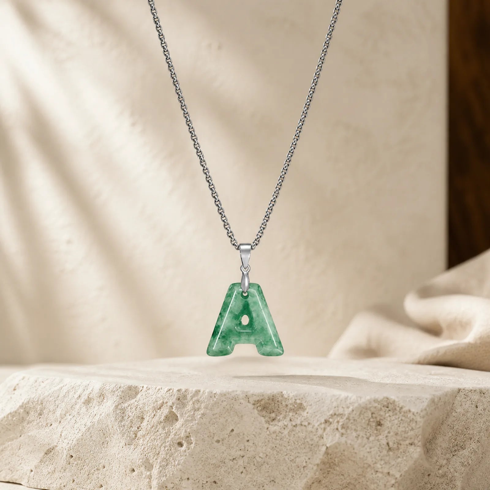 "May You Find Your Own Meaning" Natural A-Z Letter Jade Titanium Steel Chain Necklace Includes Gift Message Card featuring Jade, Titanium Steel