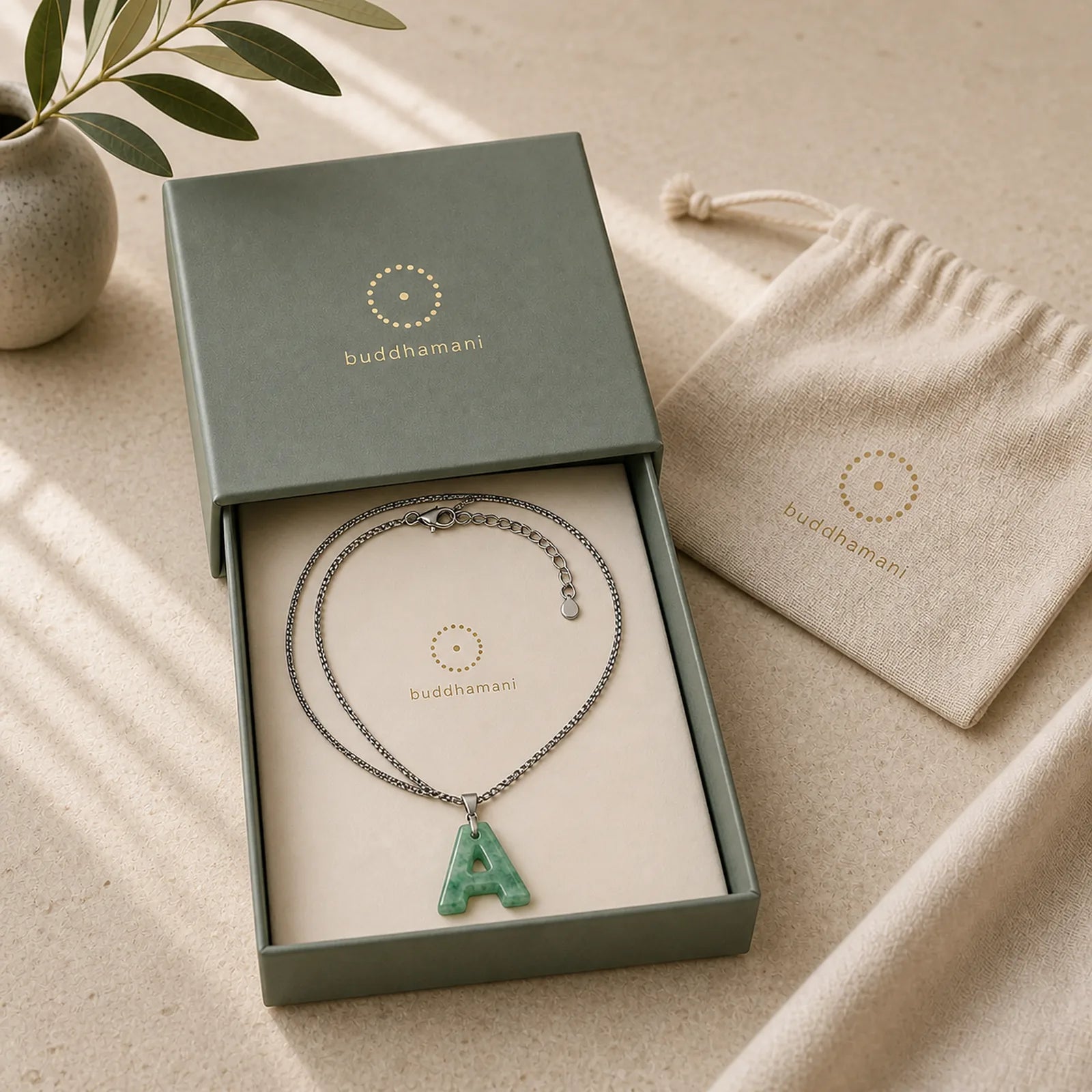 "May You Find Your Own Meaning" Natural A-Z Letter Jade Titanium Steel Chain Necklace Includes Gift Message Card featuring Jade, Titanium Steel