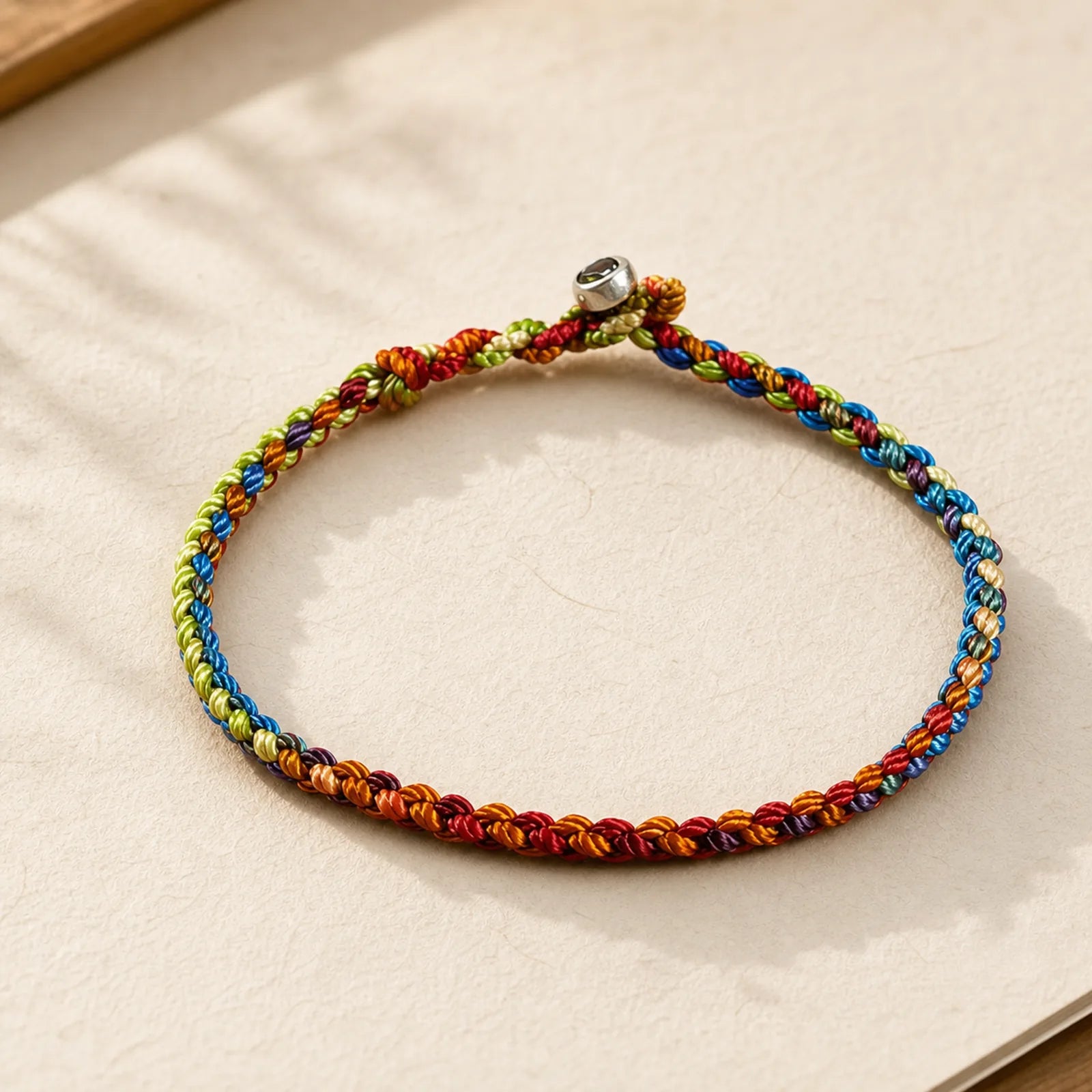 "May you be blessed with peace and safety in all four seasons" Lucky Multicolored Bracelet featuring Healthy, Perfect and Wishful Thinking Red String, Red String, Silver