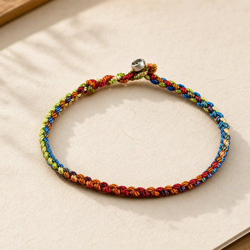 "May you be blessed with peace and safety in all four seasons" Lucky Multicolored Bracelet featuring Healthy, Perfect and Wishful Thinking Red String, Red String, Silver