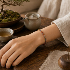 "May you be blessed with peace and safety in all four seasons" Lucky Multicolored Bracelet featuring Healthy, Perfect and Wishful Thinking Red String, Red String, Silver