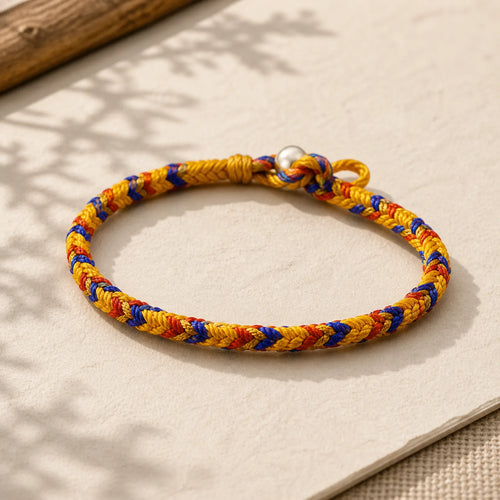 "May you be good fortune and success" Lucky Multicolored Bracelet featuring Healthy, Perfect and Wishful Thinking Red String, Red String, Silver