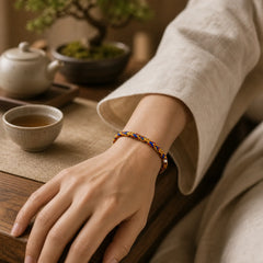 "May you be good fortune and success" Lucky Multicolored Bracelet featuring Healthy, Perfect and Wishful Thinking Red String, Red String, Silver