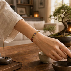 "May you be healthy and happy" Lucky Multicolored Bracelet featuring Red String, Silver, Dragon