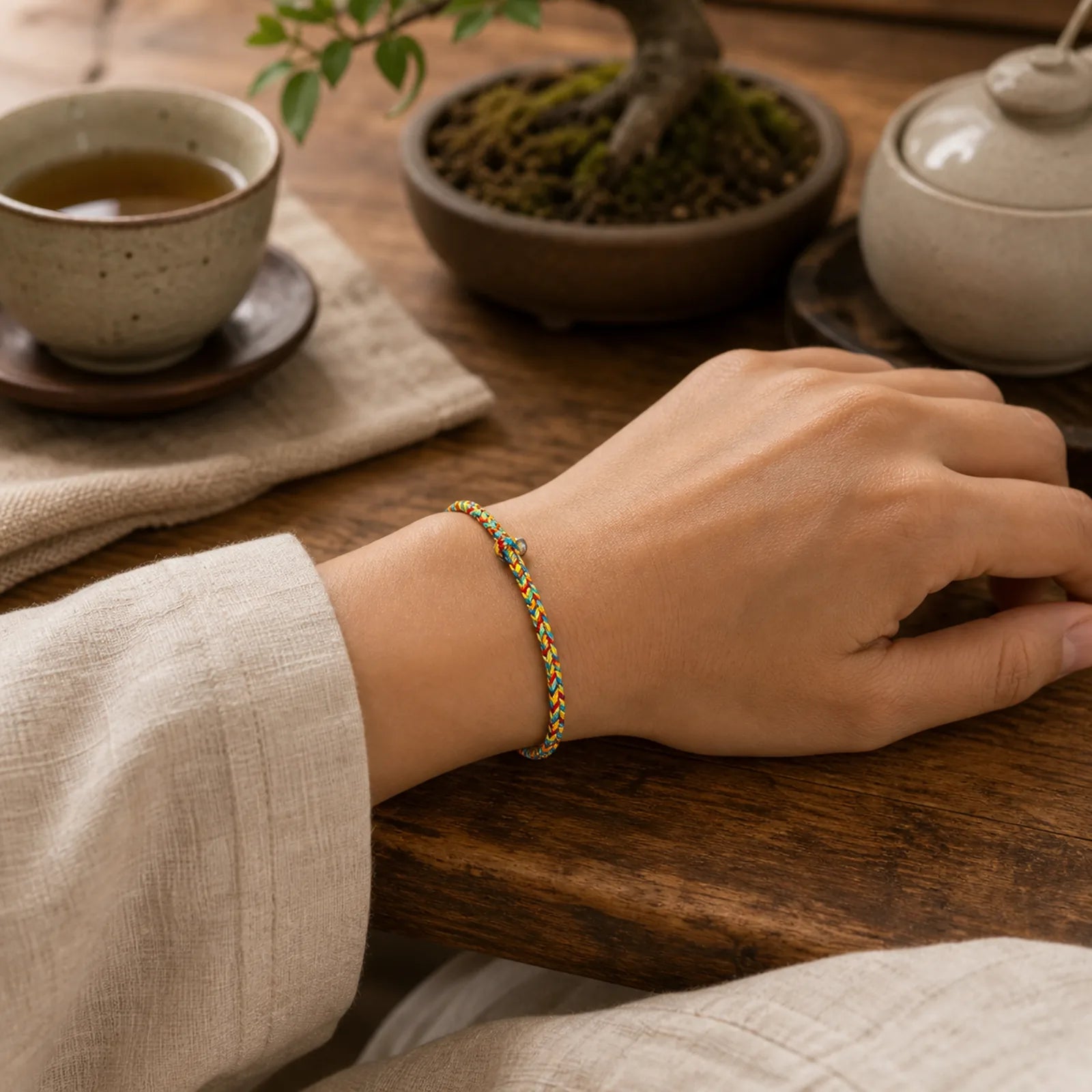 "May you be safe and sound all year round" Lucky Multicolored Bracelet featuring Healthy, Perfect and Wishful Thinking Red String, Red String, Silver
