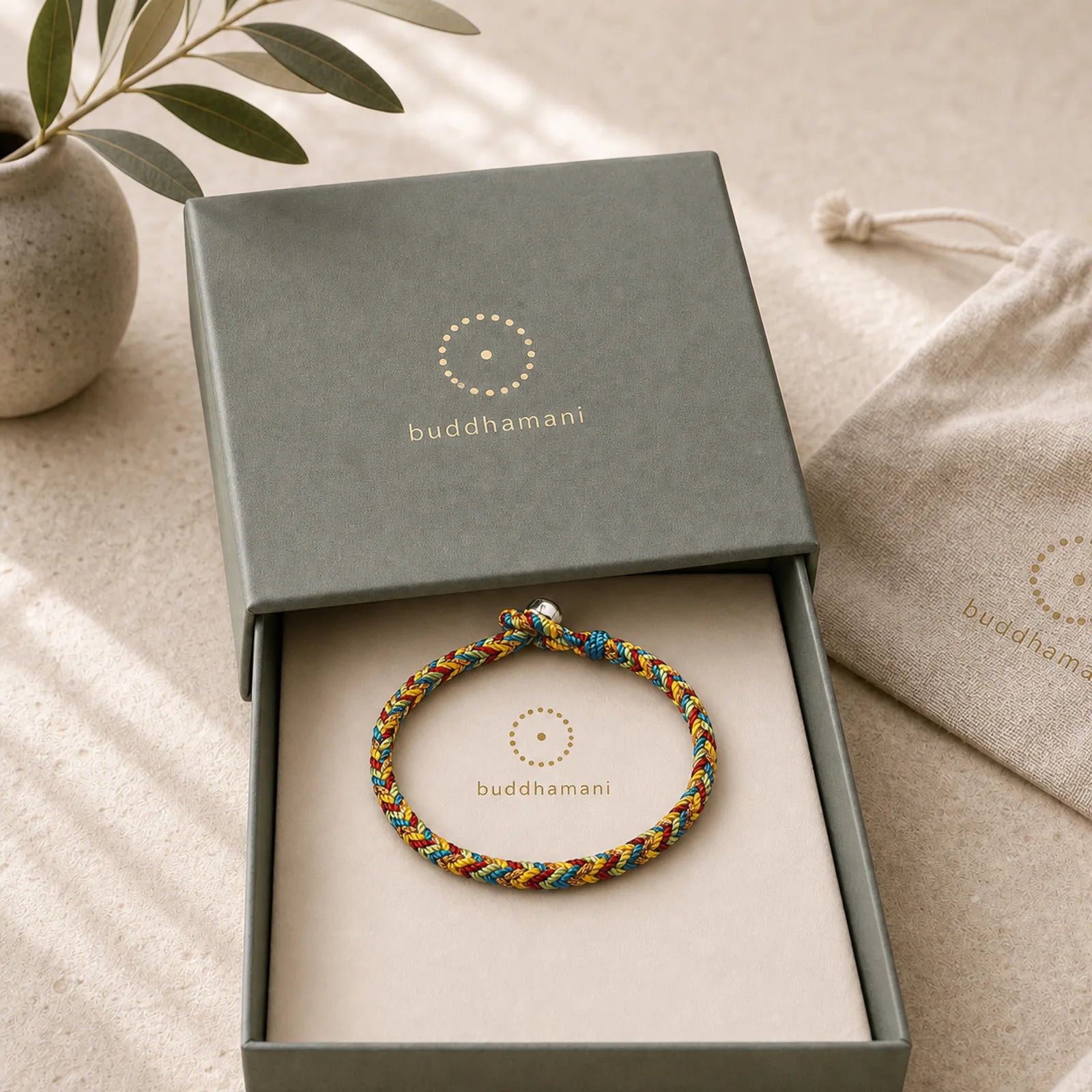 "May you be safe and sound all year round" Lucky Multicolored Bracelet featuring Healthy, Perfect and Wishful Thinking Red String, Red String, Silver