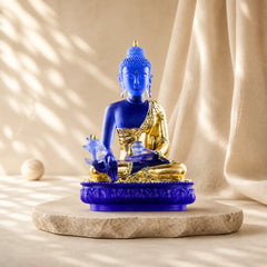 Medicine Buddha Handmade Liuli Crystal Art Piece Compassion Statue Home Office Offering Decoration featuring Lotus Symbol, Lotus, Buddha Symbol