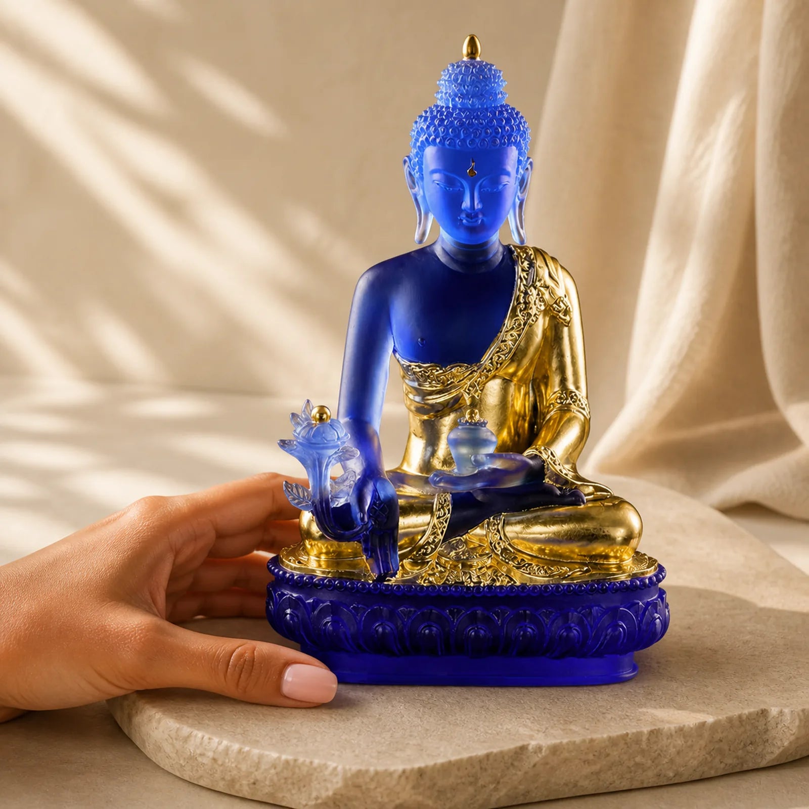 Medicine Buddha Handmade Liuli Crystal Art Piece Compassion Statue Home Office Offering Decoration featuring Lotus Symbol, Lotus, Buddha Symbol