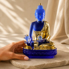 Medicine Buddha Handmade Liuli Crystal Art Piece Compassion Statue Home Office Offering Decoration featuring Lotus Symbol, Lotus, Buddha Symbol