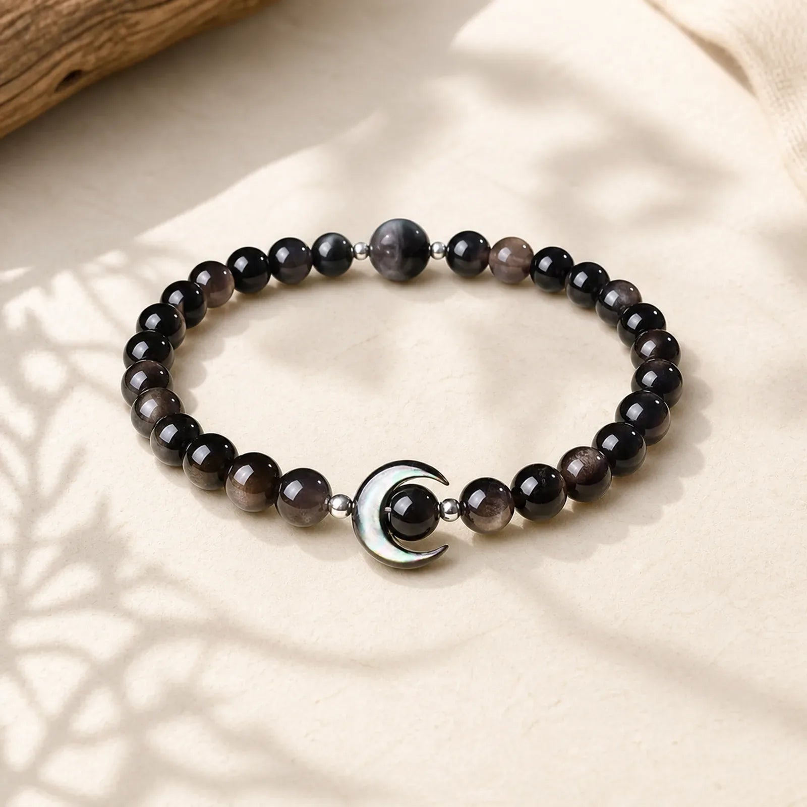 Moon Design Natural Silver Sheen Obsidian Protection Beaded Bracelet featuring Silver, Silver Sheen Obsidian, Obsidian