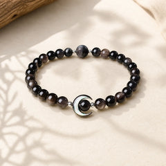 Moon Design Natural Silver Sheen Obsidian Protection Beaded Bracelet featuring Silver, Silver Sheen Obsidian, Obsidian