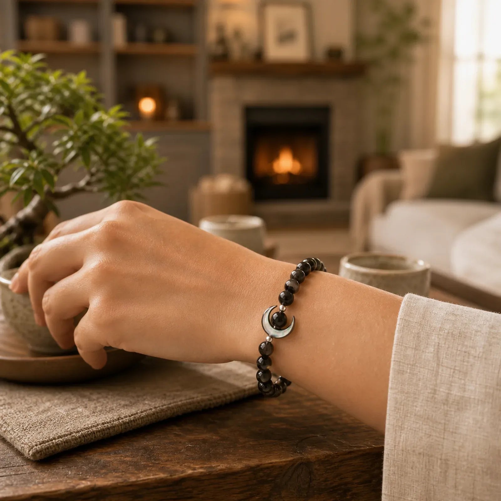 Moon Design Natural Silver Sheen Obsidian Protection Beaded Bracelet featuring Silver, Silver Sheen Obsidian, Obsidian