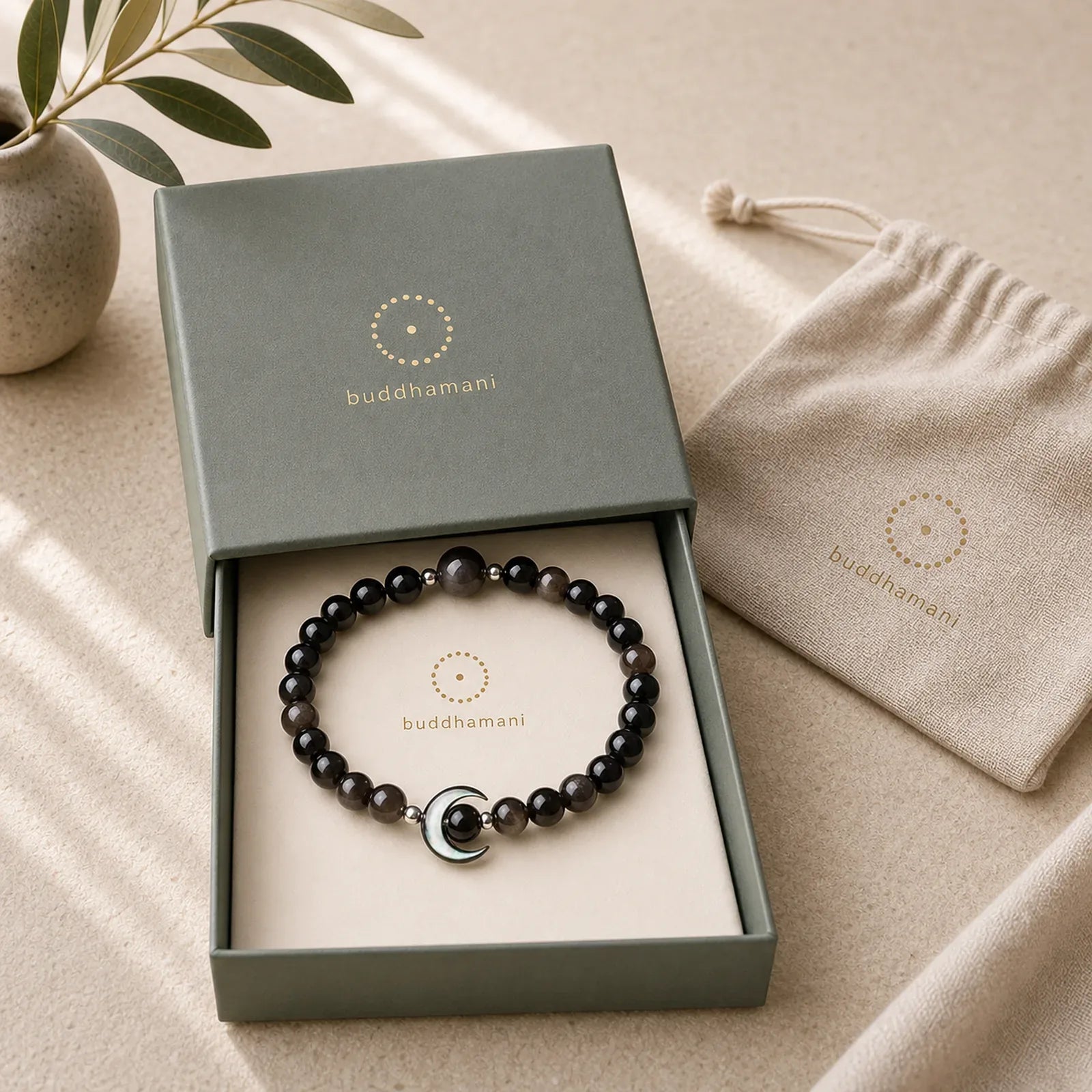 Moon Design Natural Silver Sheen Obsidian Protection Beaded Bracelet featuring Silver, Silver Sheen Obsidian, Obsidian