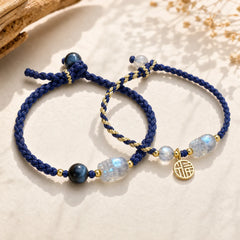 Moonstone PiXiu Blue Tiger Eye Fu Character Healing Couple String Bracelet featuring Moonstone, Pixiu, Blue Tiger Eye