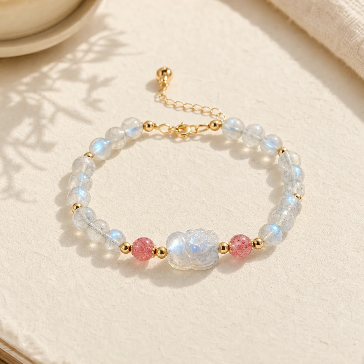 Moonstone Strawberry Quartz PiXiu Healing Bracelet featuring Moonstone, Strawberry Quartz, Pixiu