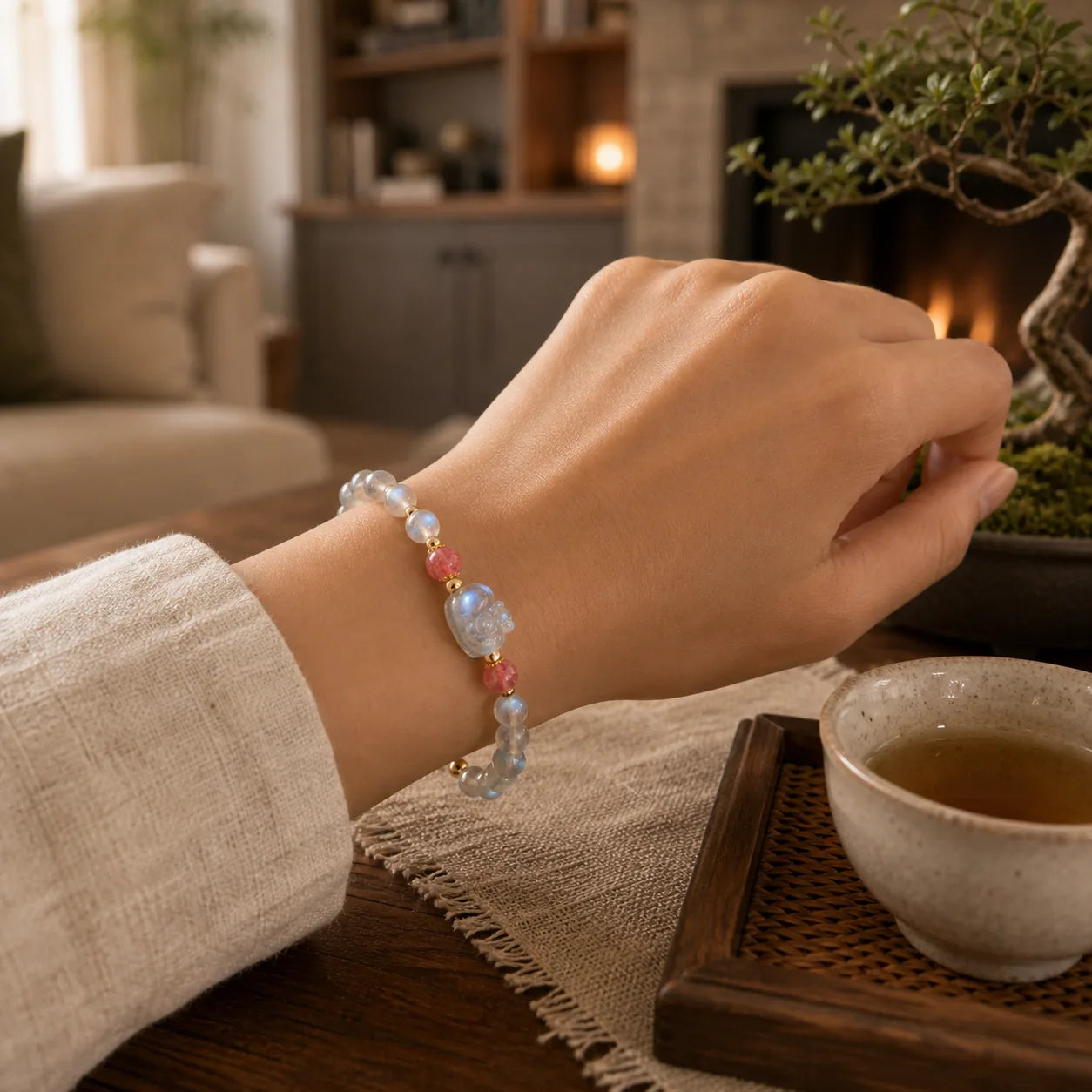 Moonstone Strawberry Quartz PiXiu Healing Bracelet featuring Moonstone, Strawberry Quartz, Pixiu