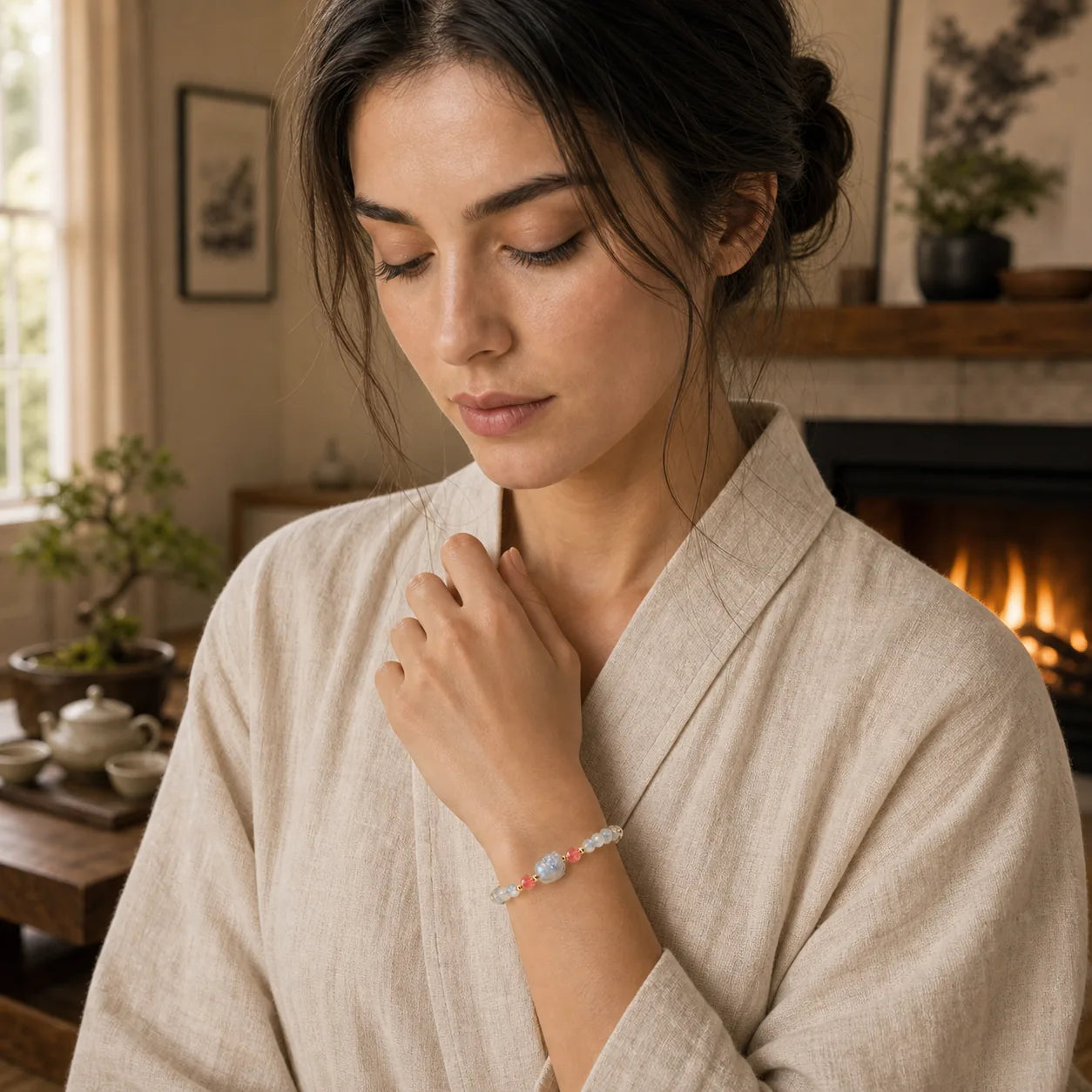 Moonstone Strawberry Quartz PiXiu Healing Bracelet featuring Moonstone, Strawberry Quartz, Pixiu