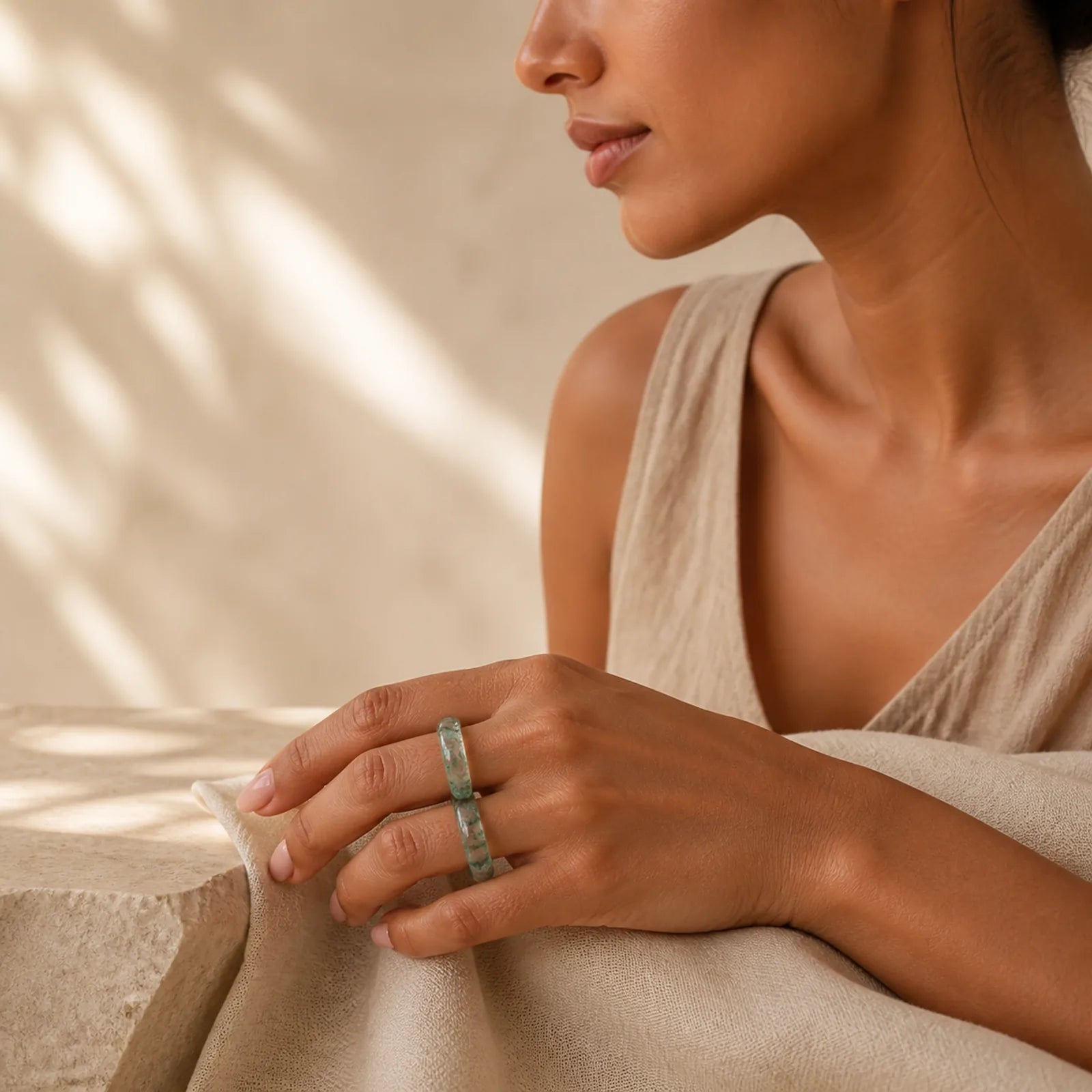 Moss Agate Healing Balance Ring featuring Moss Agate