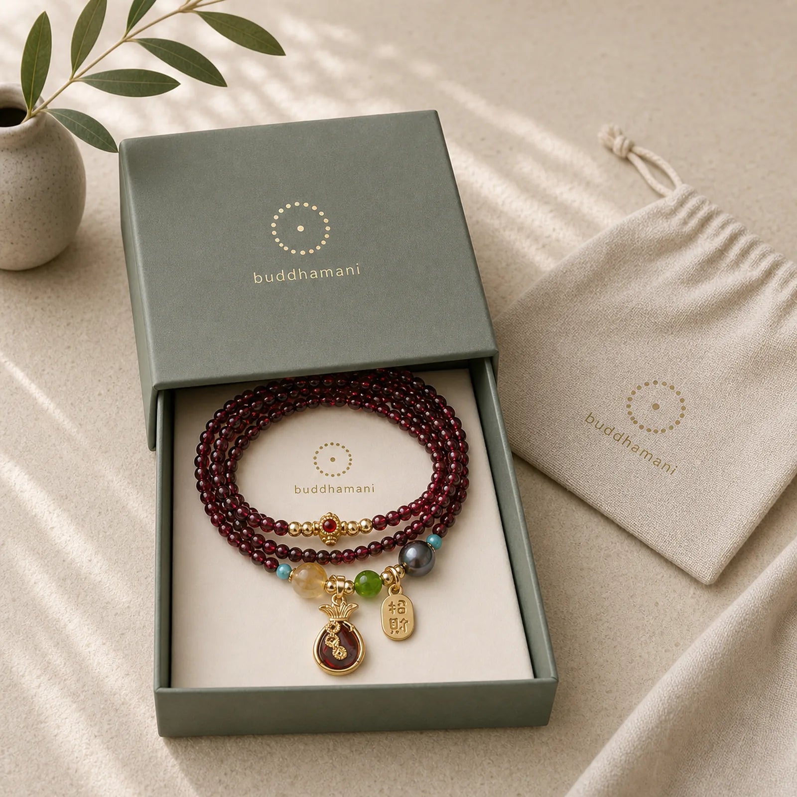 Multi Layered Natural Garnet Jade Coin Money Bag Attracting Wealth Protection Bracelet featuring Garnet, Jade, Citrine