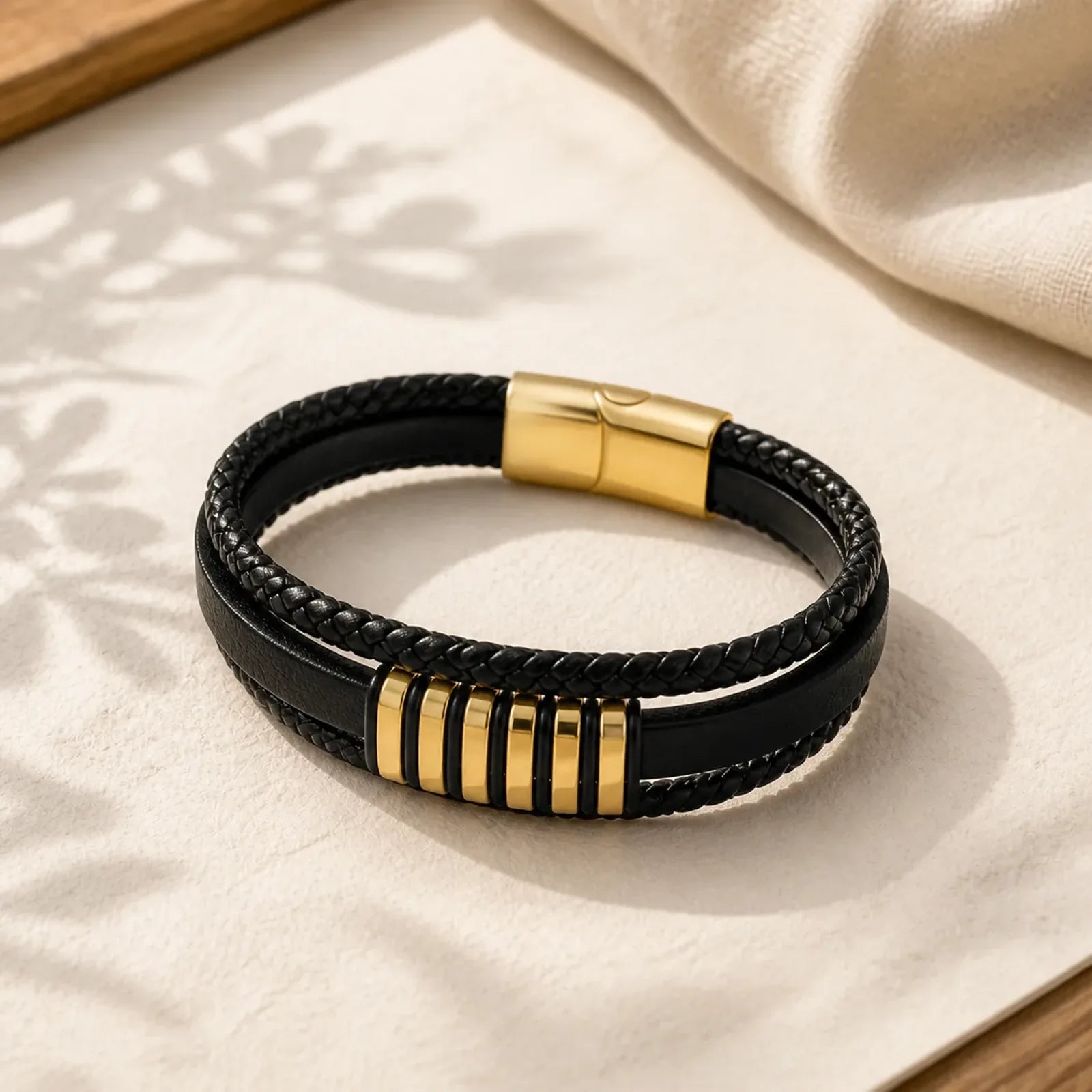 Multi-layer Leather Rope Titanium Steel Buckle Balance Bracelet featuring Titanium Steel