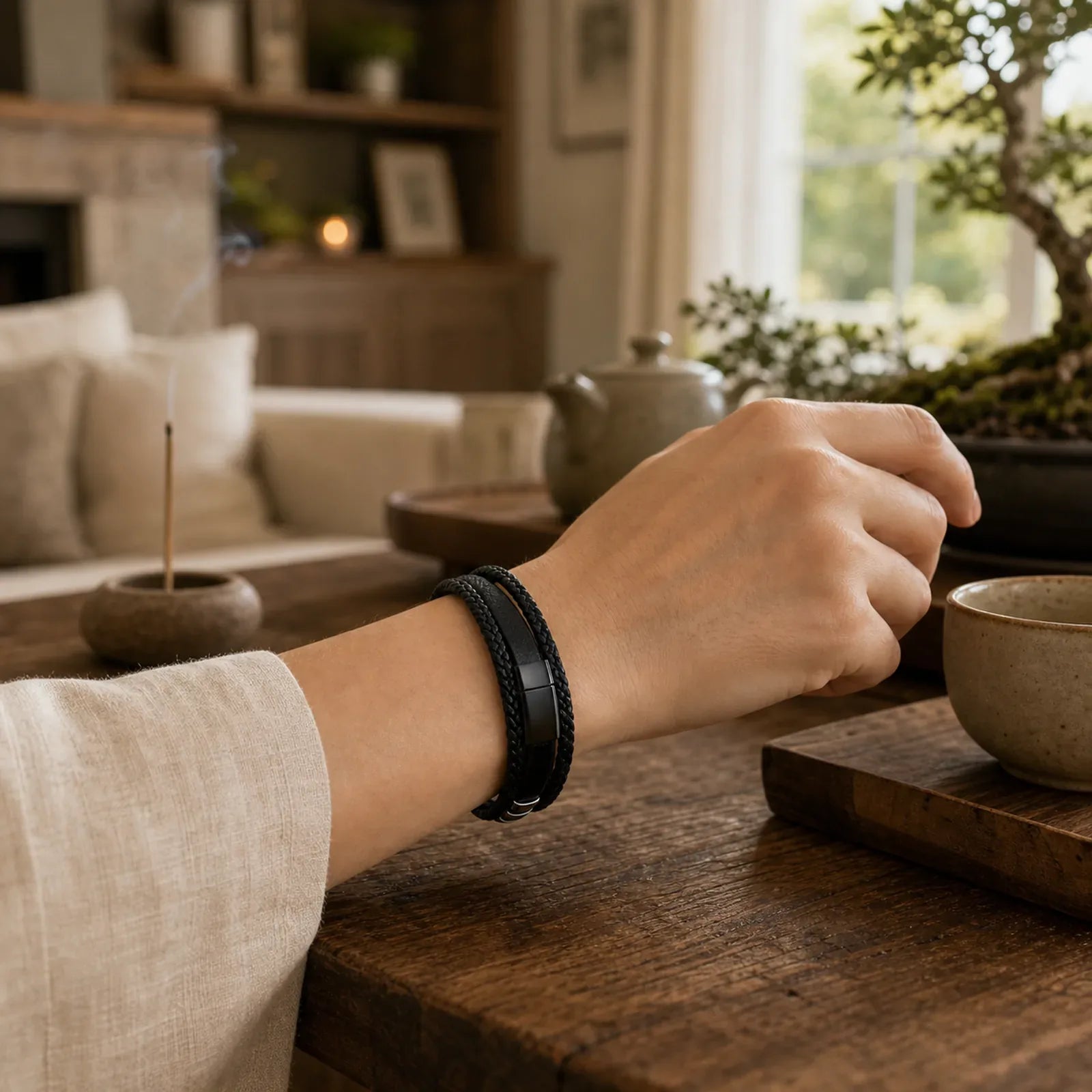 Multi-layered Cross-woven Design Leather Titanium Steel Balance Bracelet featuring Titanium Steel