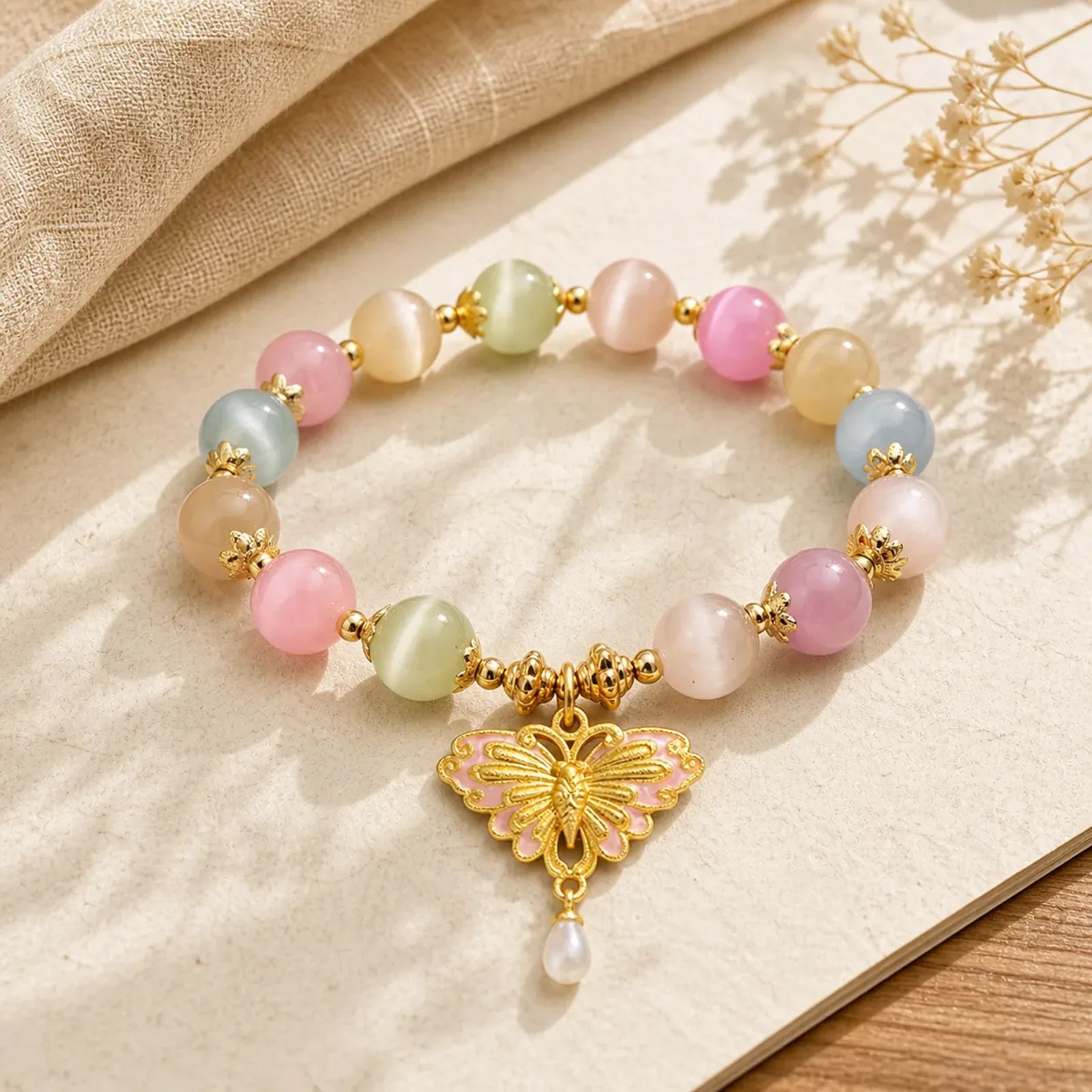 Multicolor Cat's Eye Butterfly Love Beaded Bracelet featuring Cat's Eye / Chrysoberyl, Butterfly, Feng Shui Butterfly