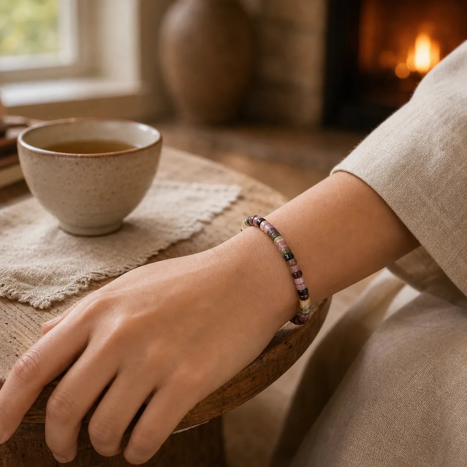Multicolor Tourmaline Protection Faceted Tablet Bead Bracelet featuring Tourmaline